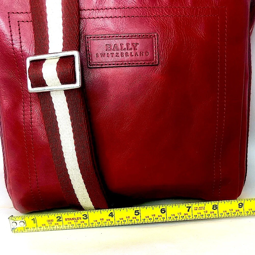 BALLY Red Leather Top Zip Messenger Shoulder Bag w/ Red White Striped Strap